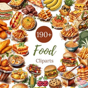 Może przedstawiać: Kolorowa ilustracja różnych produktów spożywczych, w tym pizzy, burgerów, makaronów i deserów. Obraz zawiera tekst "190+ Food Cliparts" w ozdobnej czcionce, idealny do projektów kulinarnych.