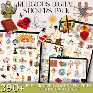 May include: A digital sticker pack with religious themes. The image features various illustrations including a bible, a cross, a heart, and angels. The text on the image reads "Religious Digital Stickers Pack" and "390+".