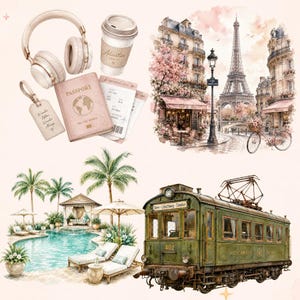May include: Watercolor illustration featuring travel-themed elements. Includes a passport, boarding passes, headphones, a coffee cup, and a luggage tag. Also, a Parisian street scene with the Eiffel Tower, a pool scene, and a vintage green train.