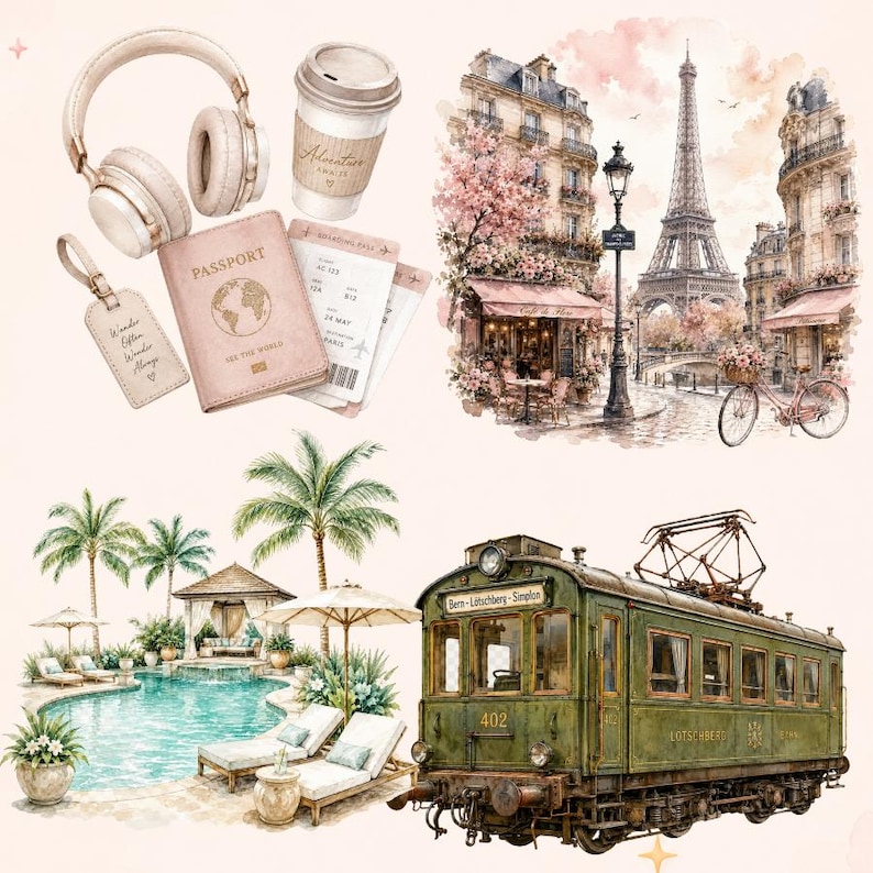 May include: Watercolor illustration featuring travel-themed elements. Includes a passport, boarding passes, headphones, a coffee cup, and a luggage tag. Also, a Parisian street scene with the Eiffel Tower, a pool scene, and a vintage green train.