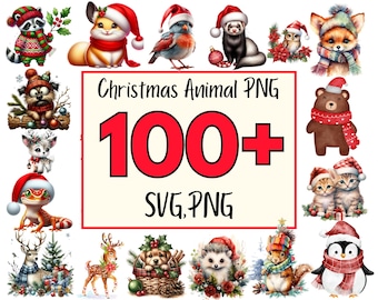 May include: A collection of watercolor Christmas animal illustrations, including a raccoon, bird, ferret, fox, bear, kittens, and a penguin, all wearing festive hats and scarves. The image also features the text "Christmas Animal PNG" and "100+" in red.