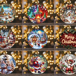 May include: A collection of nine round Christmas ornaments. Each ornament features a festive winter scene with snow, trees, and holiday characters. The ornaments are decorated with vibrant colors and intricate details, perfect for holiday decor.