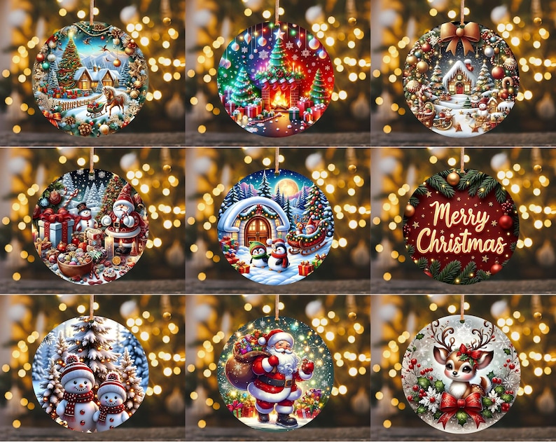May include: A collection of nine round Christmas ornaments. Each ornament features a festive winter scene with snow, trees, and holiday characters. The ornaments are decorated with vibrant colors and intricate details, perfect for holiday decor.
