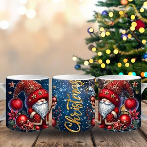 May include: White ceramic mug featuring a festive Santa Claus design. The design includes a red hat with gold stars, a white beard, and a red and gold suit. The mug also has Christmas ornaments and the word "Christmas".