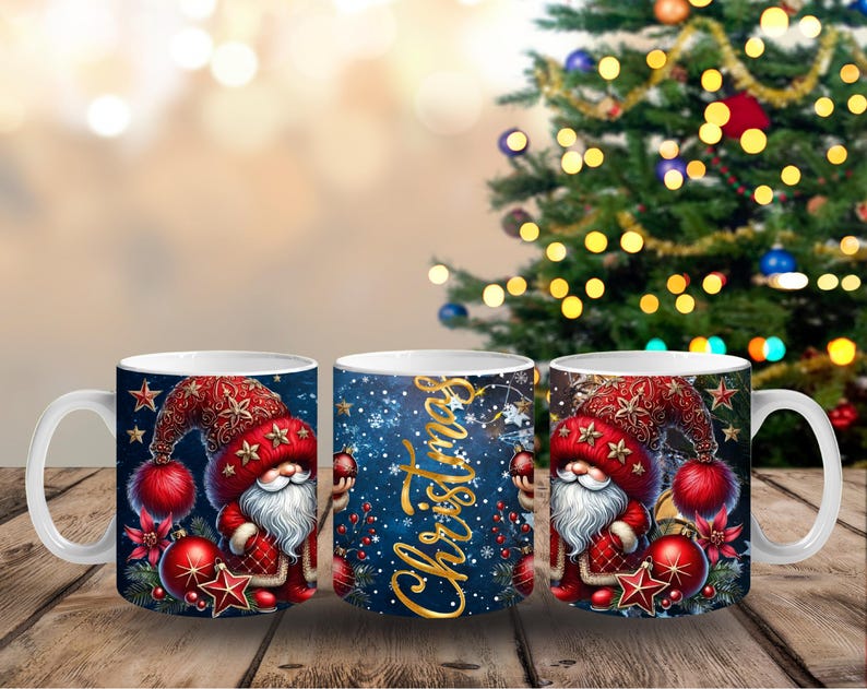May include: White ceramic mug featuring a festive Santa Claus design. The design includes a red hat with gold stars, a white beard, and a red and gold suit. The mug also has Christmas ornaments and the word "Christmas".