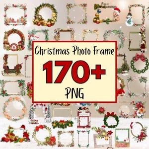Może przedstawiać: Kolekcja ponad 170 ramek do zdjęć PNG na Boże Narodzenie w różnych wzorach. Ramki zawierają wieńce, czapki Świętego Mikołaja i elementy dekoracyjne. Ramki są w różnych kształtach i rozmiarach, z różnymi kolorami i stylami.