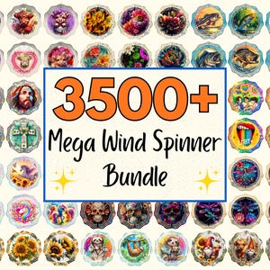 Pode incluir: Uma coleção de designs decorativos para giradores de vento com várias imagens, incluindo animais, flores, figuras religiosas e símbolos LGBTQ+. O texto "3500+ Mega Wind Spinner Bundle" está no centro.