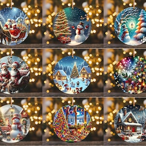 May include: Nine round Christmas ornaments with festive winter scenes. Each ornament features a unique design, including Santa Claus in a sleigh, snowmen, reindeer, and decorated Christmas trees. The ornaments are suspended by a string.