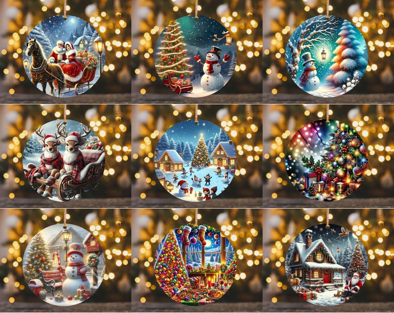 May include: Nine round Christmas ornaments with festive winter scenes. Each ornament features a unique design, including Santa Claus in a sleigh, snowmen, reindeer, and decorated Christmas trees. The ornaments are suspended by a string.
