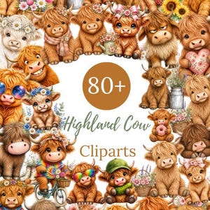 Peut inclure: Une collection de plus de 80 cliparts de vaches Highland. L'image présente de nombreuses vaches Highland de style cartoon avec divers accessoires, notamment des fleurs, des lunettes de soleil et des chapeaux. Les vaches sont dans différentes poses, certaines tenant des objets.