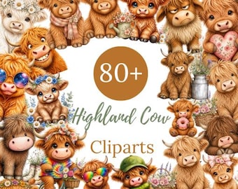 Baby Highland Cow Clipart, Cute Highland Cow Clipart, Funny Cow Clipart, Digital Download (SVG/PNG)