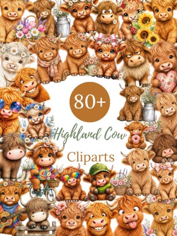 Baby Highland Cow Clipart, Cute Highland Cow Clipart, Funny Cow Clipart, Digital Download (SVG/PNG)