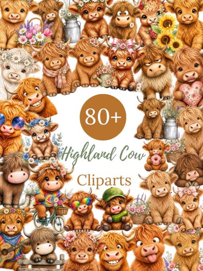 K&ouml;nnte beinhalten: Eine Sammlung von &uuml;ber 80 Highland-Kuh-Cliparts. Das Bild zeigt zahlreiche Highland-K&uuml;he im Cartoon-Stil mit verschiedenen Accessoires, darunter Blumen, Sonnenbrillen und H&uuml;te. Die K&uuml;he sind in verschiedenen Posen, einige halten Gegenst&auml;nde, mit einer Vielzahl von Farben.