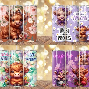 May include: Set of four 20 oz. stainless steel tumblers with various designs. One features a brown Highland cow with floral accents, another has a purple cow with the text "Trust the Process", and two others have inspirational phrases and cow graphics.