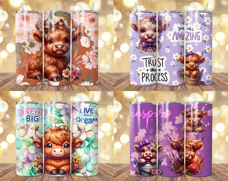 May include: Set of four 20 oz. stainless steel tumblers with various designs. One features a brown Highland cow with floral accents, another has a purple cow with the text "Trust the Process", and two others have inspirational phrases and cow graphics.