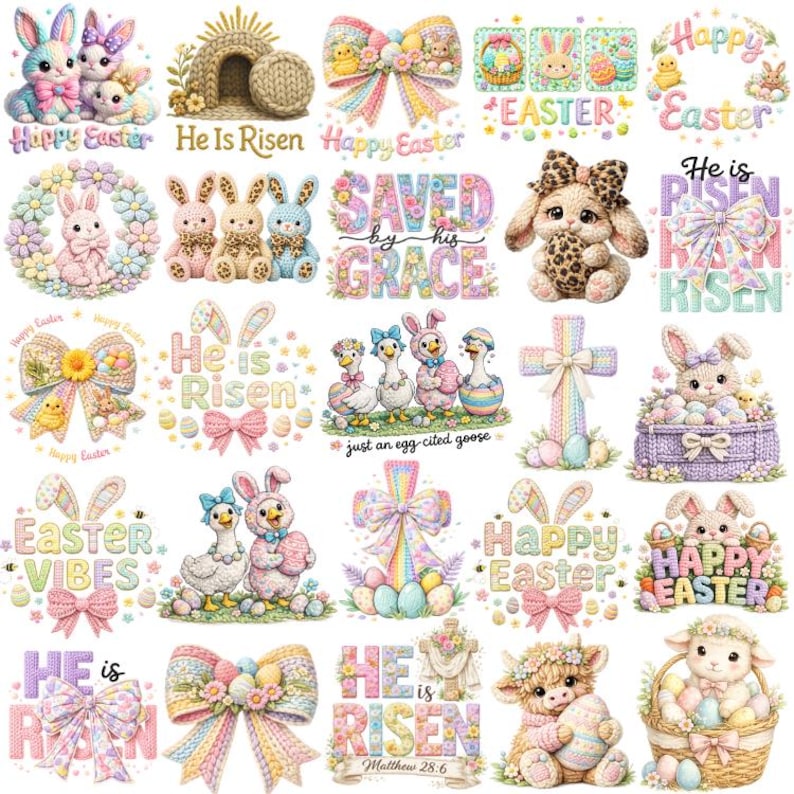 May include: A selection of Easter-themed graphics in pastel colours. Designs include bunnies, bows, eggs, crosses, and the phrases "Happy Easter," "He is Risen," and "Saved by His Grace." The illustrations feature floral accents.
