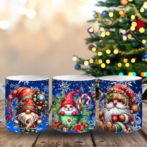 May include: Three white ceramic mugs with Christmas gnome designs. Each mug features a different gnome illustration on a blue background with snowflakes. The gnomes wear red hats and are surrounded by festive decorations, including candy canes and ornaments.