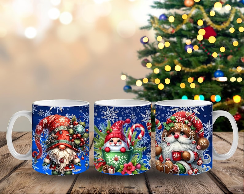 May include: Three white ceramic mugs with Christmas gnome designs. Each mug features a different gnome illustration on a blue background with snowflakes. The gnomes wear red hats and are surrounded by festive decorations, including candy canes and ornaments.