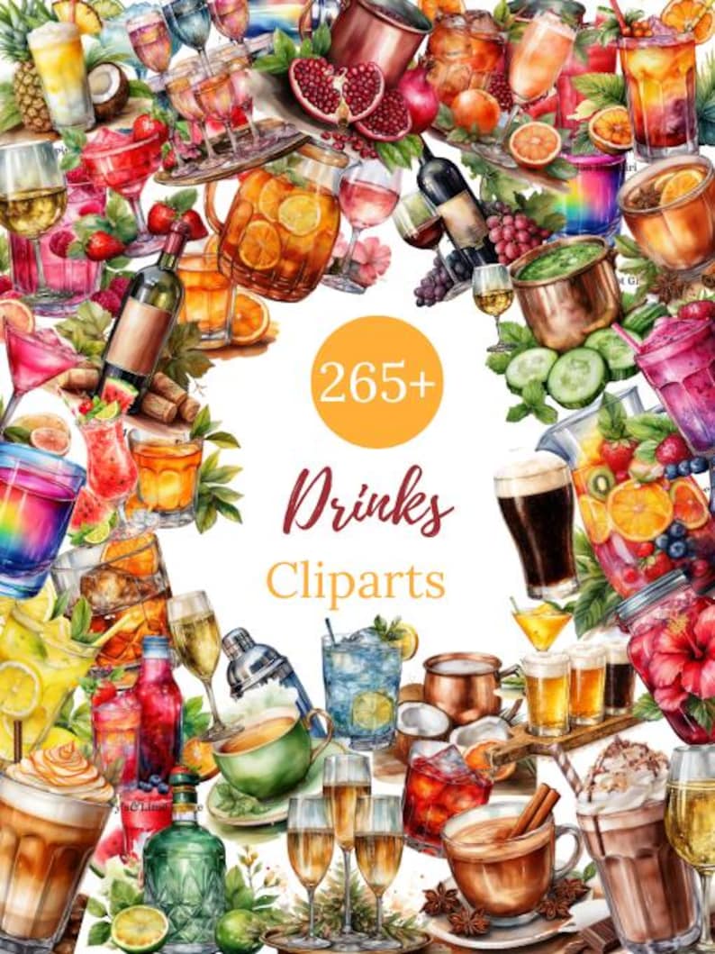 May include: A watercolor illustration of various drinks, including cocktails, wine, and coffee. The image features a variety of glasses, bottles, and garnishes, with the text "265+ Drinks Cliparts" in the center. The color palette is vibrant and inviting.