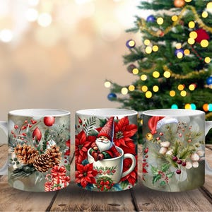 May include: Three white ceramic mugs with Christmas-themed designs. One mug features pinecones, berries, and ornaments. Another depicts a gnome in a teacup surrounded by poinsettias. The third mug showcases festive greenery and berries.