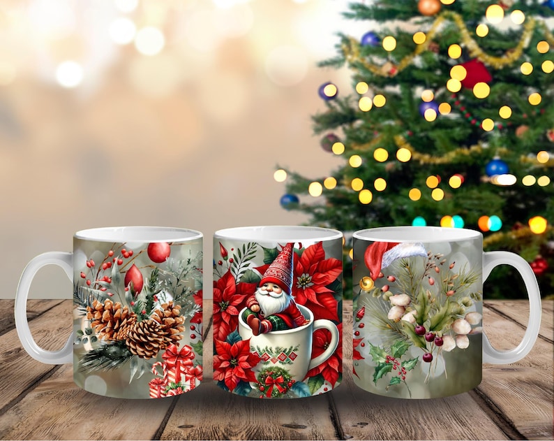 May include: Three white ceramic mugs with Christmas-themed designs. One mug features pinecones, berries, and ornaments. Another depicts a gnome in a teacup surrounded by poinsettias. The third mug showcases festive greenery and berries.