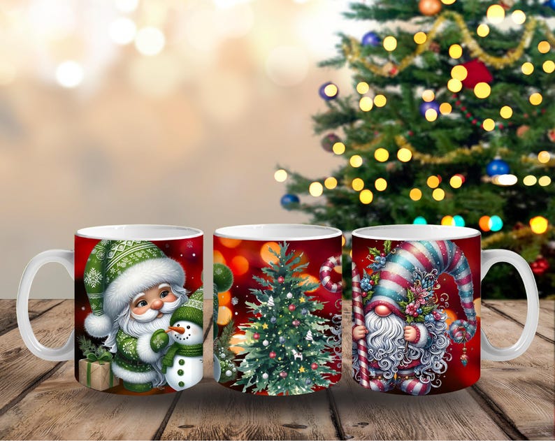 May include: Three white ceramic Christmas mugs with festive designs. One mug features Santa Claus with a snowman, another a Christmas tree, and the third a gnome with a candy cane. The mugs are set against a blurred background of a Christmas tree.