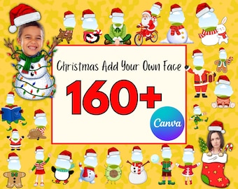 160 + Add Your Own Face Canva Editable, Christmas Characters Photo Templates, Christmas Face Cutout Ornaments Custom Photo Face, Canva Frame