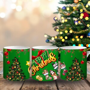 May include: Three white ceramic mugs with a green background and a Christmas theme. Each mug features a Christmas tree, ornaments, and the words "Merry Christmas." The mugs are decorated with festive images of Santa, penguins, and bells.