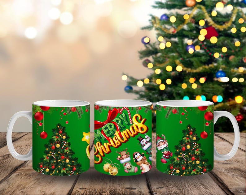 May include: Three white ceramic mugs with a green background and a Christmas theme. Each mug features a Christmas tree, ornaments, and the words "Merry Christmas." The mugs are decorated with festive images of Santa, penguins, and bells.