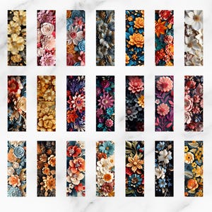 May include: A collection of rectangular floral designs, each featuring a unique arrangement of colorful flowers. The designs showcase a variety of blooms in shades of red, yellow, blue, and pink, with intricate details and textures. The backgrounds are dark, enhancing the vibrant colors.