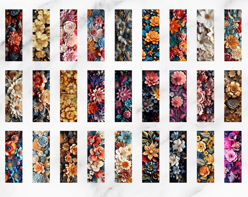 May include: A collection of rectangular floral designs, each featuring a unique arrangement of colorful flowers. The designs showcase a variety of blooms in shades of red, yellow, blue, and pink, with intricate details and textures. The backgrounds are dark, enhancing the vibrant colors.