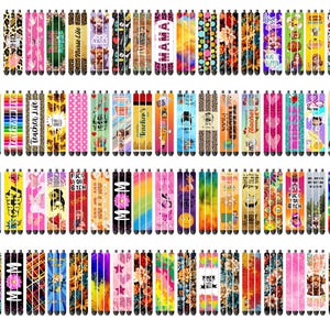 May include: A collection of stylus pens with various designs. The pens feature patterns such as leopard print, floral, and text like "Mama" and "Teacher Life." Colors include pink, yellow, blue, and green. The pens are designed for use with touch screen devices.