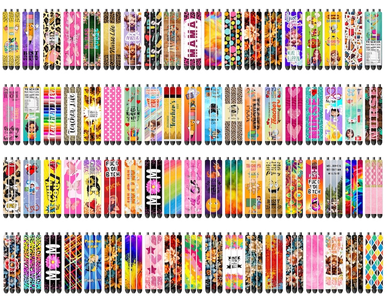 May include: A collection of stylus pens with various designs. The pens feature patterns such as leopard print, floral, and text like "Mama" and "Teacher Life." Colors include pink, yellow, blue, and green. The pens are designed for use with touch screen devices.