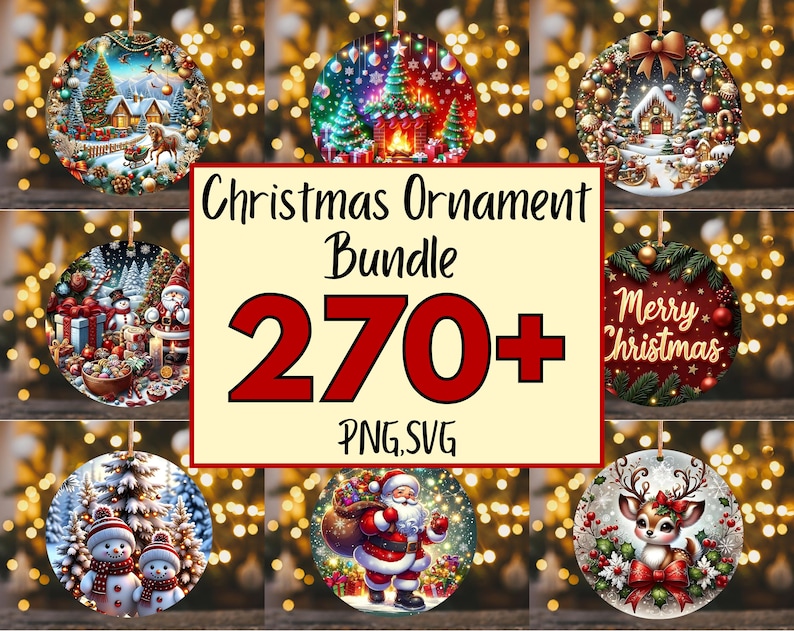 May include: A collection of Christmas ornaments with various festive designs. The ornaments feature winter scenes, snowmen, Santa Claus, and reindeer. The image includes the text "Christmas Ornament Bundle 270+ PNG, SVG."