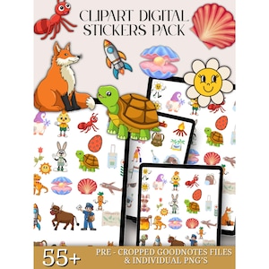 May include: A digital sticker pack featuring various cartoon illustrations. The image includes a red ant, orange fox, green turtle, and a smiling flower. The text "CLIPART DIGITAL STICKERS PACK" is displayed at the top, with "55+" at the bottom.