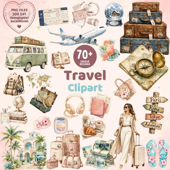 Travel Clipart, Airplane Clipart, Vacation Clipart, Holiday Clipart, Road Trip Clipart, Digital Download PNG SVG