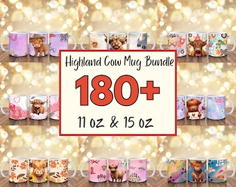 Plus de 180 tasses lot de tasses Vache Highland, design par sublimation animal vache Highland 11 oz et 15 oz, enveloppe de tasse bébé vache Highland, tasse amateur de vache Highland