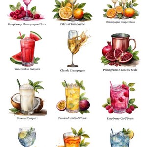 May include: Watercolor illustration of various cocktails, including a Raspberry Champagne Flute, Citrus Champagne, and Watermelon Daiquiri. Other drinks include a Coconut Daiquiri, Passionfruit Gin&Tonic, and Berry Gin&Tonic. The image features a white background.