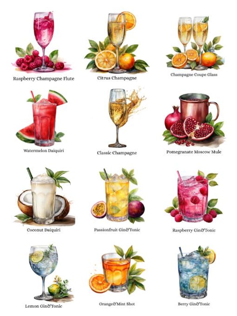 May include: Watercolor illustration of various cocktails, including a Raspberry Champagne Flute, Citrus Champagne, and Watermelon Daiquiri. Other drinks include a Coconut Daiquiri, Passionfruit Gin&Tonic, and Berry Gin&Tonic. The image features a white background.