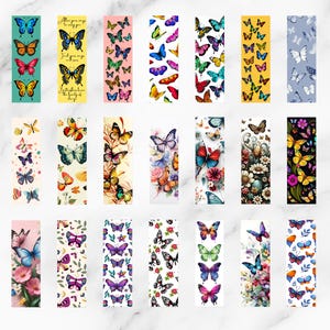 May include: A collection of colorful butterfly-themed bookmarks. Each bookmark features unique butterfly designs in various colors, including blue, orange, pink, and yellow. Some bookmarks have floral accents or inspirational text. The bookmarks are rectangular and suitable for book lovers.