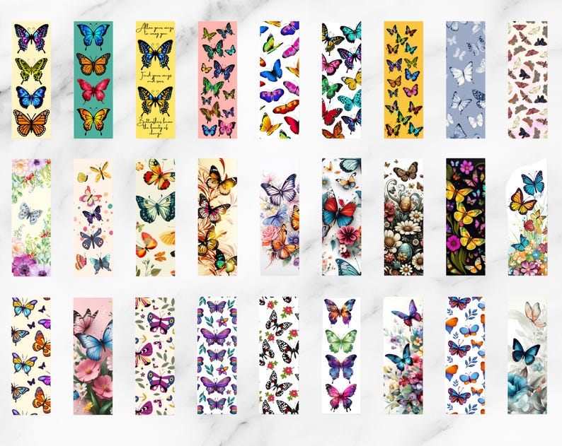 May include: A collection of colorful butterfly-themed bookmarks. Each bookmark features unique butterfly designs in various colors, including blue, orange, pink, and yellow. Some bookmarks have floral accents or inspirational text. The bookmarks are rectangular and suitable for book lovers.