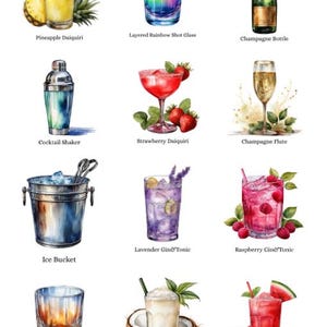 May include: Watercolor illustration of various cocktails, including a pineapple daiquiri, layered rainbow shot glass, and champagne bottle. Other drinks include a cocktail shaker, strawberry daiquiri, champagne flute, ice bucket, and more.