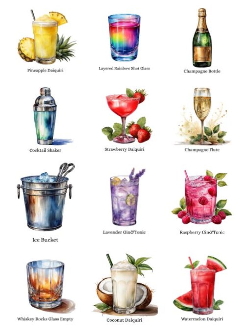May include: Watercolor illustration of various cocktails, including a pineapple daiquiri, layered rainbow shot glass, and champagne bottle. Other drinks include a cocktail shaker, strawberry daiquiri, champagne flute, ice bucket, and more.