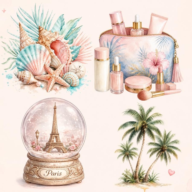 May include: Watercolor illustration featuring a collection of beach-themed elements, including seashells, starfish, and tropical leaves. Also shown are beauty products, a snow globe with the Eiffel Tower, and palm trees. The color palette is soft, with pastel pinks, blues, and greens.