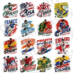 May include: A collection of sixteen graphic illustrations featuring soccer players in national team uniforms, each paired with country names like Mexico, USA, Canada, Brazil, France, Argentina, Portugal, Japan, Spain, Netherlands, Croatia, England, South Korea, Morocco, Australia, and Colombia, all labeled World Soccer 2026.