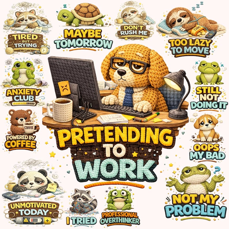 May include: A digital illustration featuring a dog wearing glasses and a tie, working at a desk with a computer. Surrounding the dog are various cartoon animals with humorous phrases like "Tired but trying" and "Pretending to work."