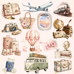 May include: Watercolor illustrations of travel-themed items, including a vintage camera, suitcases, a passport, a hot air balloon, a plane, a train, a bus, a globe, a hat, a handbag, and a journal. The color palette is soft and pastel.