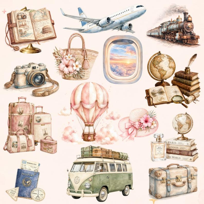 May include: Watercolor illustrations of travel-themed items, including a vintage camera, suitcases, a passport, a hot air balloon, a plane, a train, a bus, a globe, a hat, a handbag, and a journal. The color palette is soft and pastel.