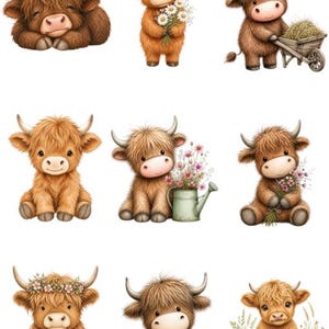 K&ouml;nnte beinhalten: Eine Sammlung von neun Aquarellillustrationen von Highland-K&uuml;hen in verschiedenen Posen. Die K&uuml;he sind in Braun- und Beiget&ouml;nen dargestellt, einige halten Blumen oder eine Schubkarre. Die Illustrationen haben einen niedlichen, cartoonartigen Stil.