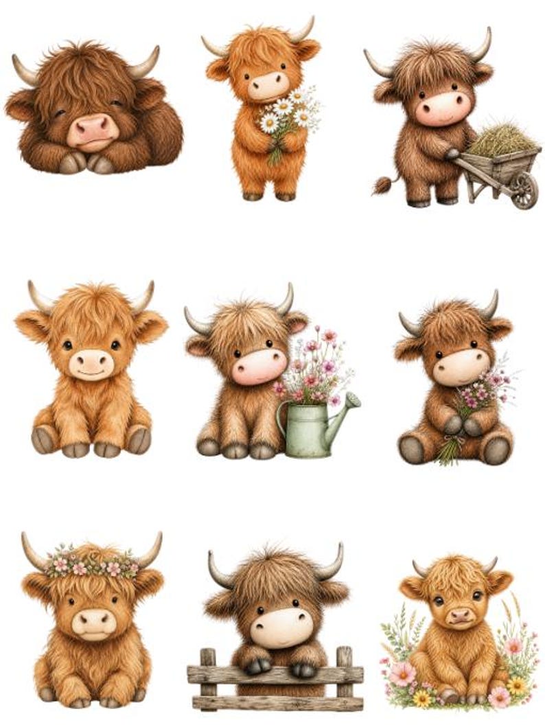 K&ouml;nnte beinhalten: Eine Sammlung von neun Aquarellillustrationen von Highland-K&uuml;hen in verschiedenen Posen. Die K&uuml;he sind in Braun- und Beiget&ouml;nen dargestellt, einige halten Blumen oder eine Schubkarre. Die Illustrationen haben einen niedlichen, cartoonartigen Stil.